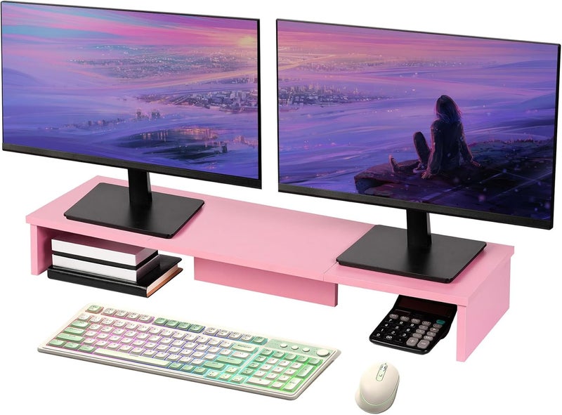 Qupui Dual Monitor Stand Riser, Large Computer Monitor Stand for Desk, Monitor Riser for 2 Monitors, Wood Desk Shelf for Top of Desk, Desktop Organizer for Computer, Laptop, Printer, TV, Pink - Image 1